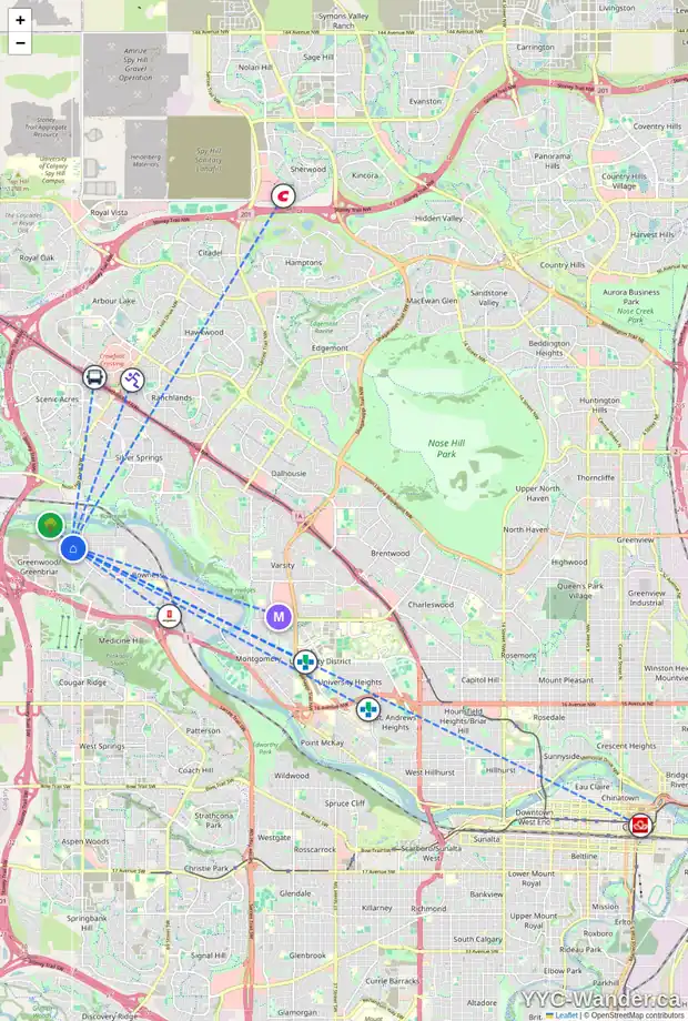 Daily accessibility map for 8812 46 AV NW, Calgary showing nearby schools, grocery stores, parks, LRT stations and nearby amenities