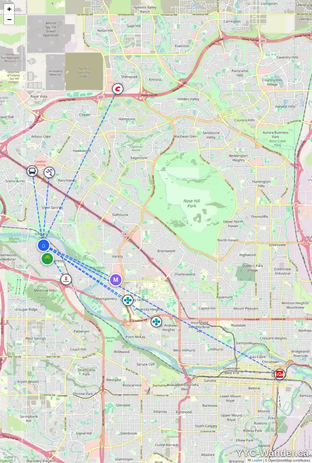 Daily accessibility map for 7935 48 AV NW, Calgary showing nearby schools, grocery stores, parks, LRT stations and nearby amenities