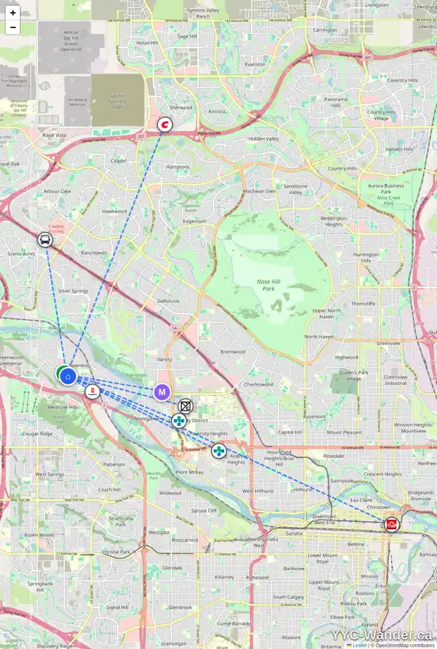 Daily accessibility map for 3907 76 ST NW, Calgary showing nearby schools, grocery stores, parks, LRT stations and nearby amenities