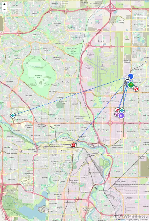 Daily accessibility map for 52 MARTINGLEN ME NE, Calgary showing nearby schools, grocery stores, parks, LRT stations and nearby amenities