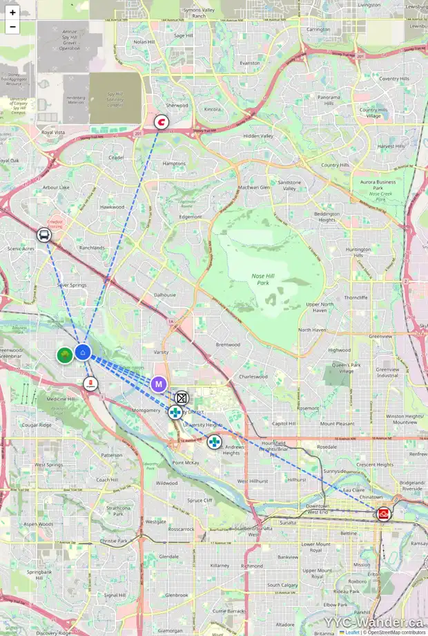 Daily accessibility map for 4343 69 ST NW, Calgary showing nearby schools, grocery stores, parks, LRT stations and nearby amenities
