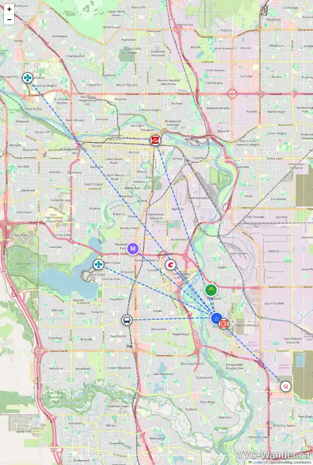 Daily accessibility map for 933 RIVERVIEW PL SE, Calgary showing nearby schools, grocery stores, parks, LRT stations and nearby amenities