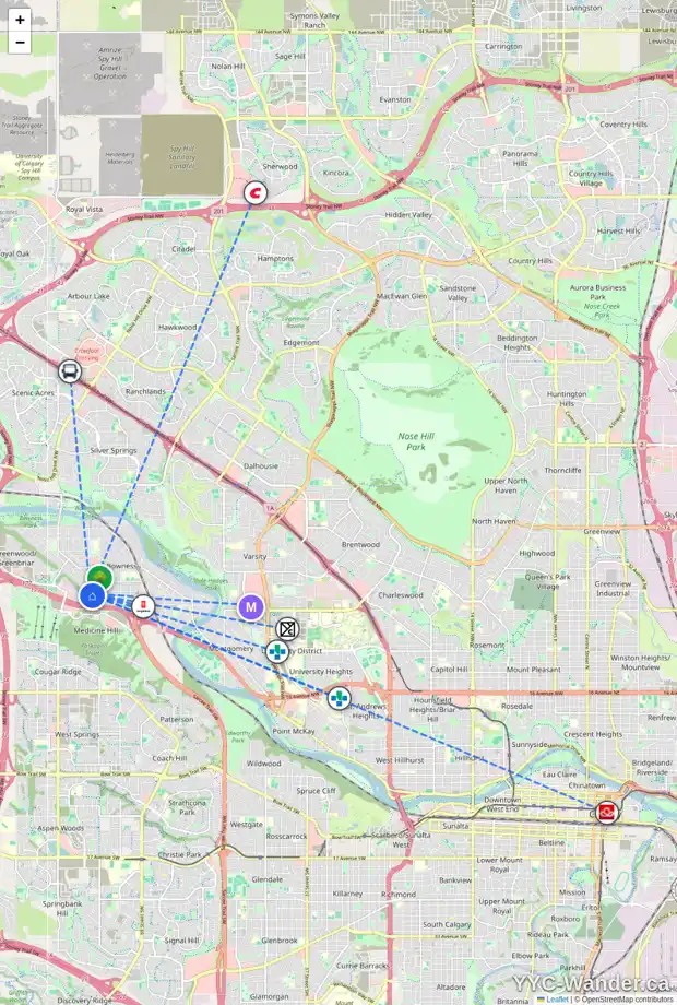 Daily accessibility map for 7903 33 AV NW, Calgary showing nearby schools, grocery stores, parks, LRT stations and nearby amenities