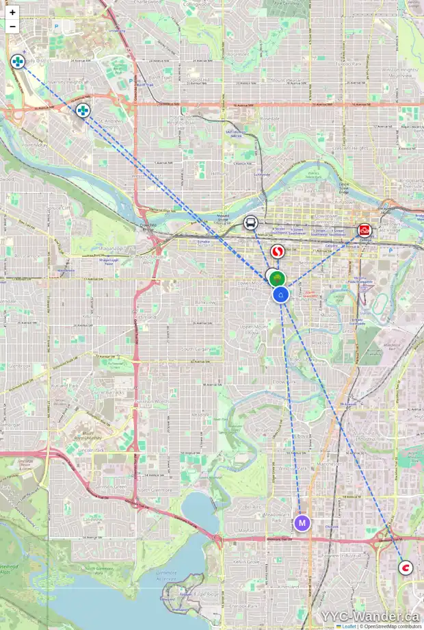 Daily accessibility map for 416 808 ROYAL AV SW, Calgary showing nearby schools, grocery stores, parks, LRT stations and nearby amenities