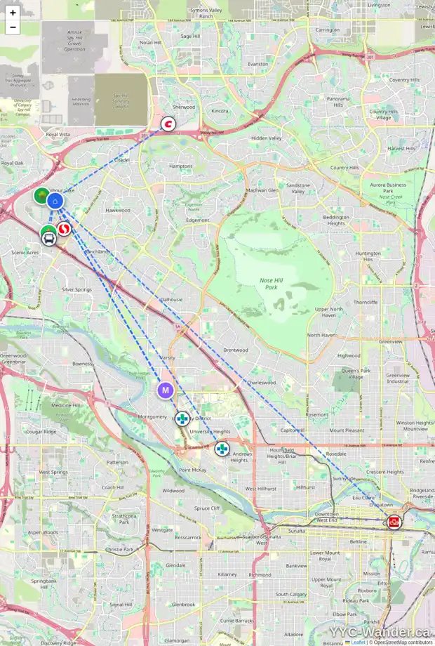 Daily accessibility map for 110 ARBOUR CREST CI NW, Calgary showing nearby schools, grocery stores, parks, LRT stations and nearby amenities