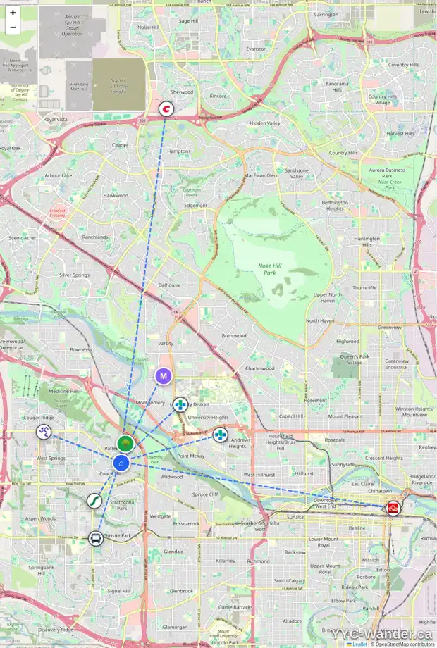 Daily accessibility map for 163 PROMINENCE HT SW, Calgary showing nearby schools, grocery stores, parks, LRT stations and nearby amenities