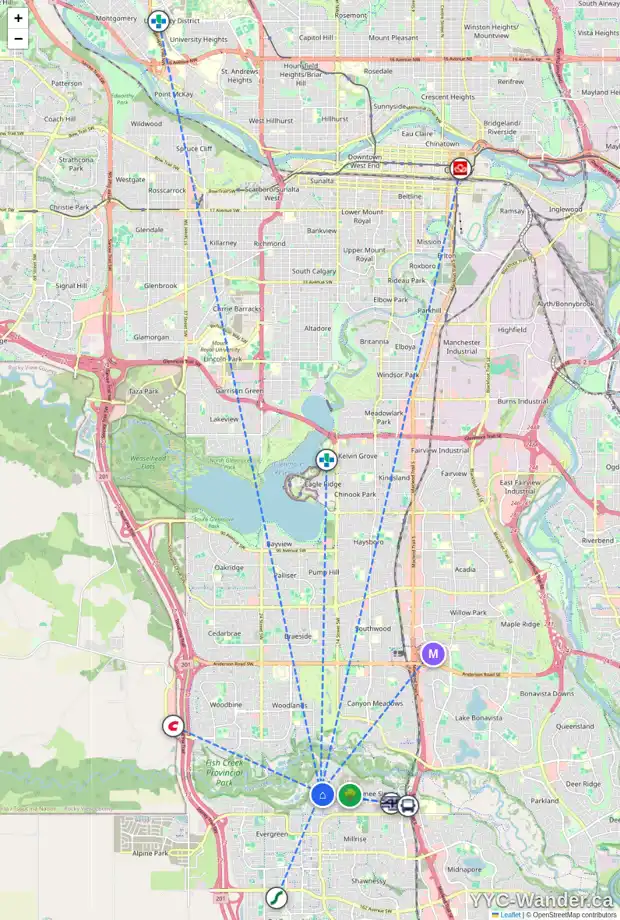 Daily accessibility map for 23 EVERGREEN GV SW, Calgary showing nearby schools, grocery stores, parks, LRT stations and nearby amenities