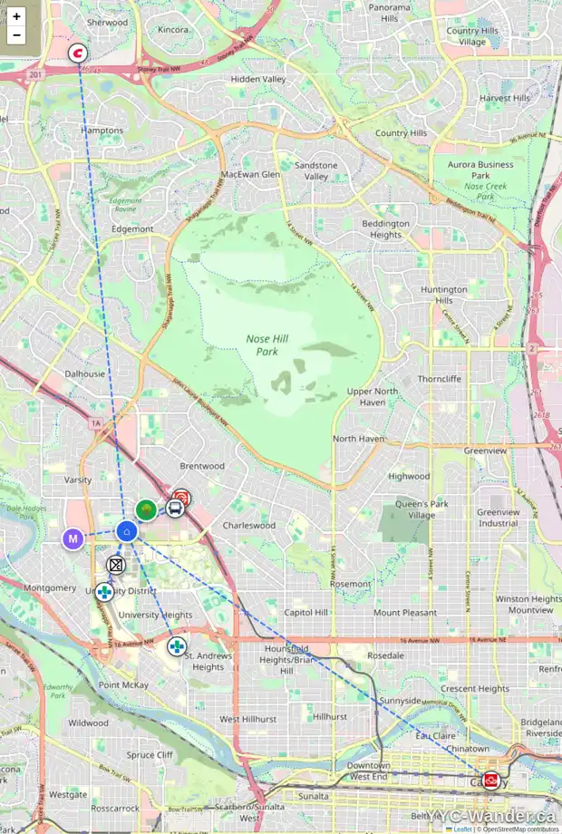 Daily accessibility map for 6 VARAL PL NW, Calgary showing nearby schools, grocery stores, parks, LRT stations and nearby amenities