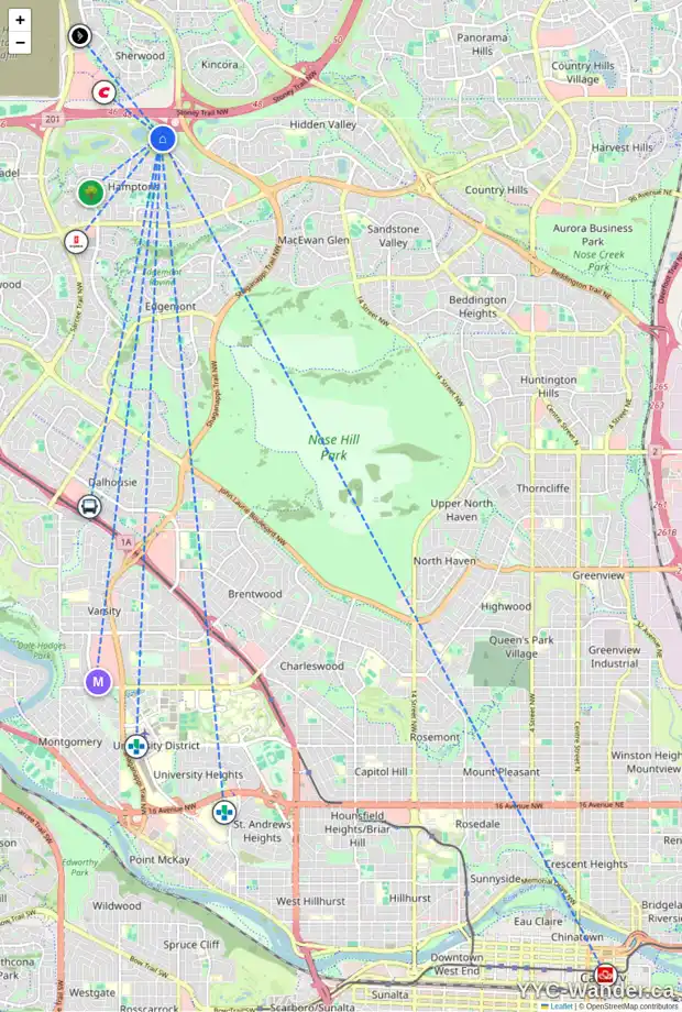 Daily accessibility map for 56 HAMPTONS BA NW, Calgary showing nearby schools, grocery stores, parks, LRT stations and nearby amenities