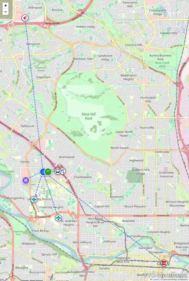 Daily accessibility map for 28 VARCREST PL NW, Calgary showing nearby schools, grocery stores, parks, LRT stations and nearby amenities