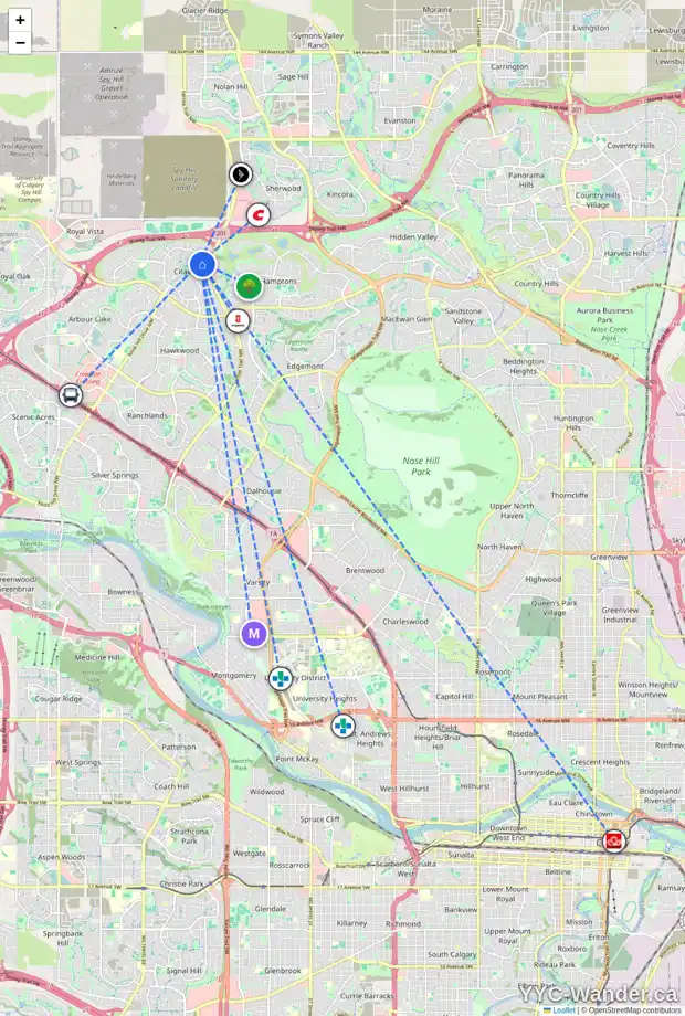 Daily accessibility map for 203 CITADEL PEAK CI NW, Calgary showing nearby schools, grocery stores, parks, LRT stations and nearby amenities