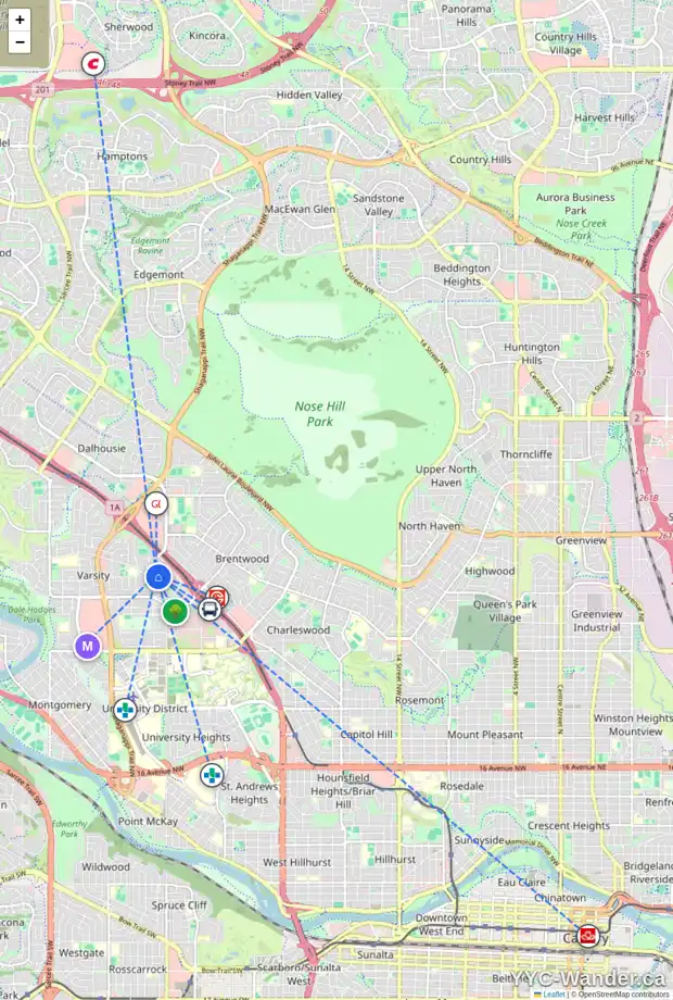 Daily accessibility map for 3819 VANCOUVER CR NW, Calgary showing nearby schools, grocery stores, parks, LRT stations and nearby amenities