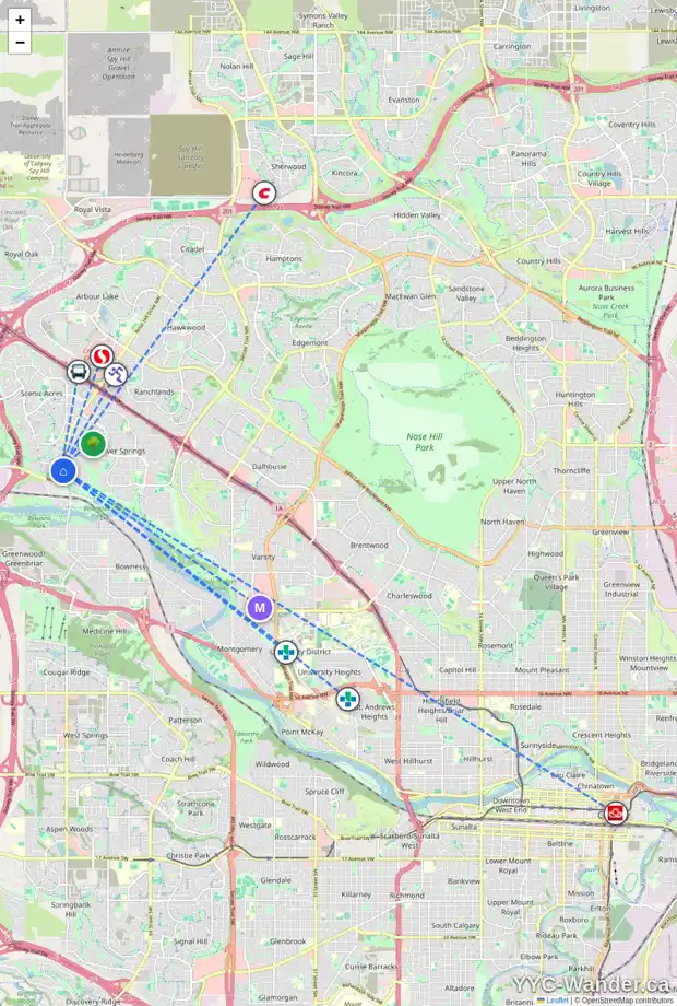 Daily accessibility map for 41 SCIMITAR HE NW, Calgary showing nearby schools, grocery stores, parks, LRT stations and nearby amenities