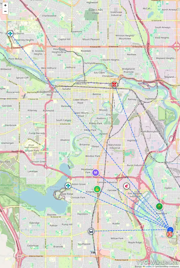Daily accessibility map for 103 RIVER ROCK PL SE, Calgary showing nearby schools, grocery stores, parks, LRT stations and nearby amenities