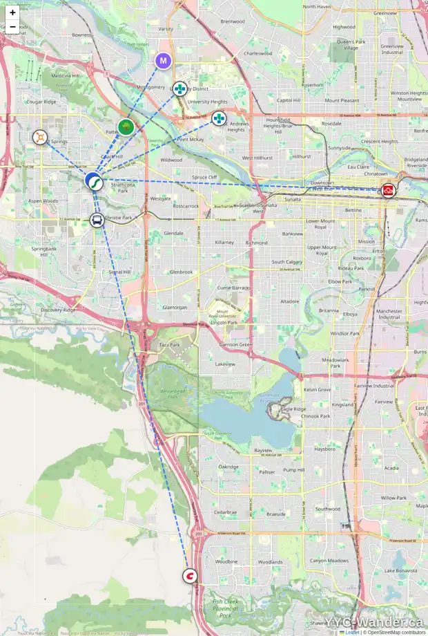 Daily accessibility map for 7010 STRATHRIDGE GA SW, Calgary showing nearby schools, grocery stores, parks, LRT stations and nearby amenities