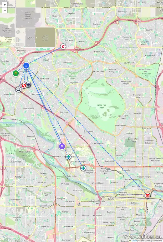 Daily accessibility map for 152 ARBOUR BUTTE RD NW, Calgary showing nearby schools, grocery stores, parks, LRT stations and nearby amenities