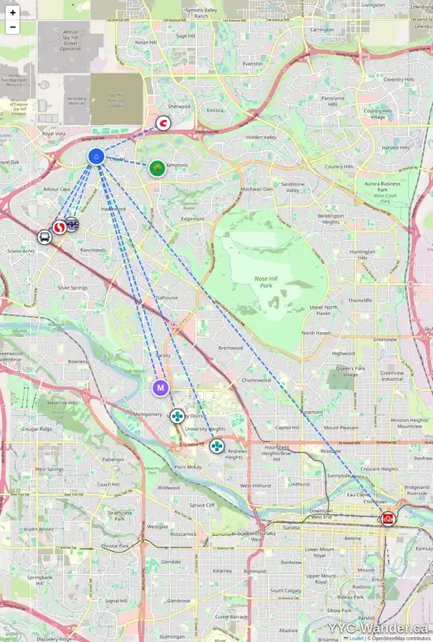 Daily accessibility map for 121 CITADEL RIDGE CL NW, Calgary showing nearby schools, grocery stores, parks, LRT stations and nearby amenities