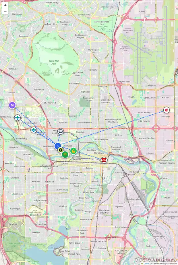 Daily accessibility map for 2022 3 AV NW, Calgary showing nearby schools, grocery stores, parks, LRT stations and nearby amenities