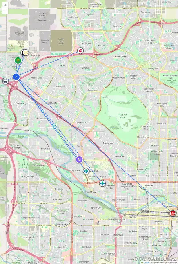 Daily accessibility map for 12 ROYAL TC NW, Calgary showing nearby schools, grocery stores, parks, LRT stations and nearby amenities
