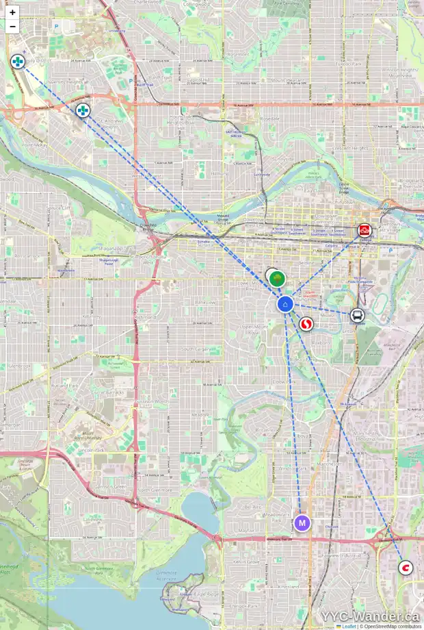 Daily accessibility map for 2115 HOPE ST SW, Calgary showing nearby schools, grocery stores, parks, LRT stations and nearby amenities