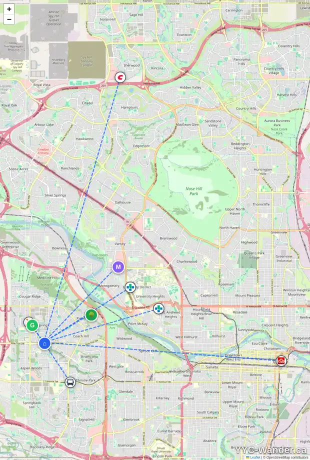 Daily accessibility map for 545 WENTWORTH PL SW, Calgary showing nearby schools, grocery stores, parks, LRT stations and nearby amenities