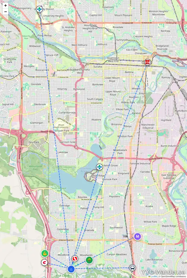 Daily accessibility map for 12 WOODACRES PL SW, Calgary showing nearby schools, grocery stores, parks, LRT stations and nearby amenities