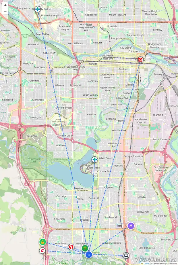 Daily accessibility map for 56 WOODGATE CL SW, Calgary showing nearby schools, grocery stores, parks, LRT stations and nearby amenities