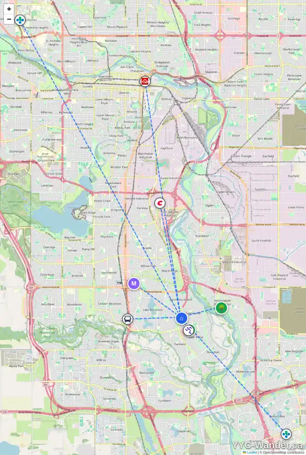 Daily accessibility map for 51 QUEEN ALEXANDRA CL SE, Calgary showing nearby schools, grocery stores, parks, LRT stations and nearby amenities
