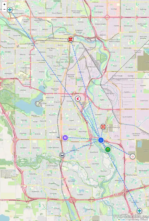 Daily accessibility map for 129 DOUGLASBANK WY SE, Calgary showing nearby schools, grocery stores, parks, LRT stations and nearby amenities