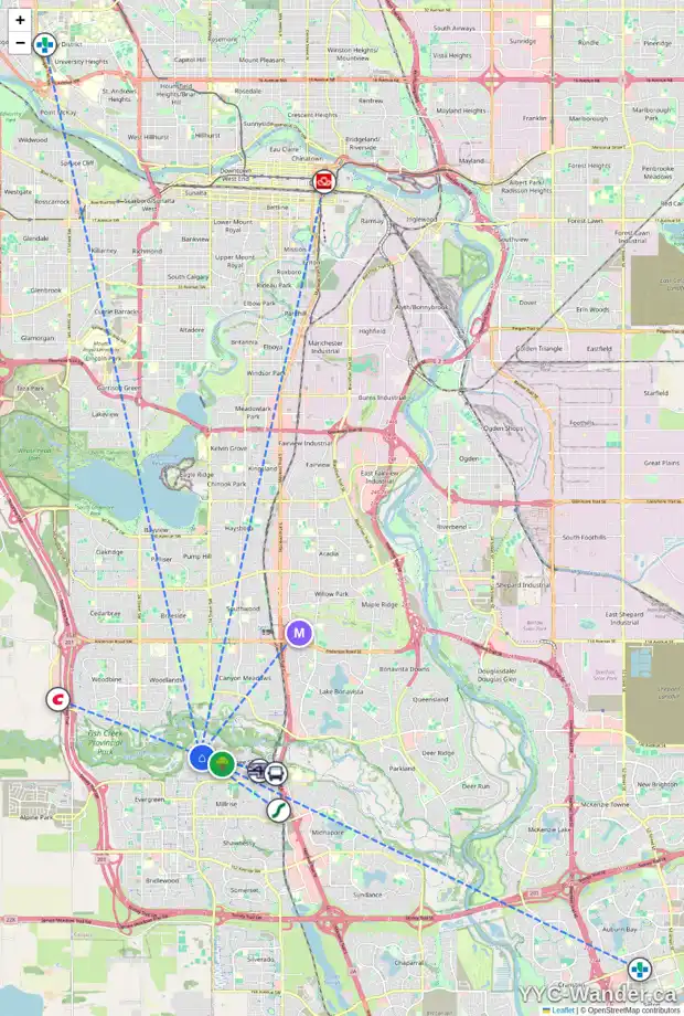 Daily accessibility map for 99 EVERGREEN CL SW, Calgary showing nearby schools, grocery stores, parks, LRT stations and nearby amenities