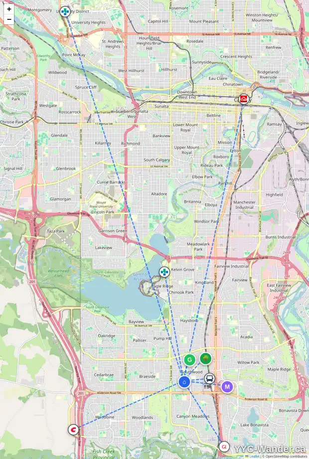 Daily accessibility map for 1120 SOUTHGLEN DR SW, Calgary showing nearby schools, grocery stores, parks, LRT stations and nearby amenities