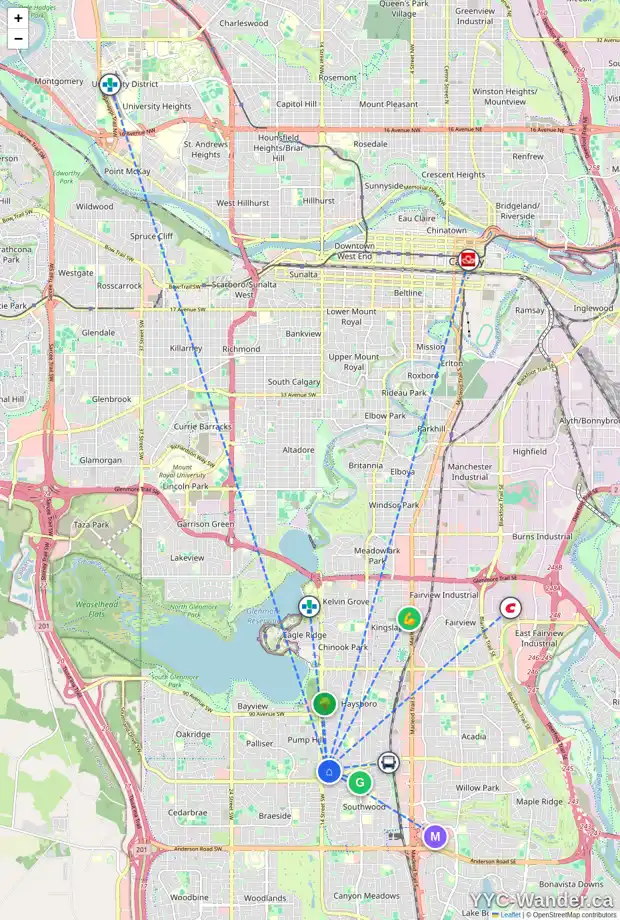 Daily accessibility map for 29 SPOKANE ST SW, Calgary showing nearby schools, grocery stores, parks, LRT stations and nearby amenities