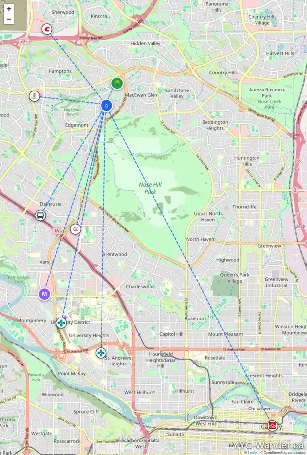 Daily accessibility map for 228 EDGEBROOK CO NW, Calgary showing nearby schools, grocery stores, parks, LRT stations and nearby amenities