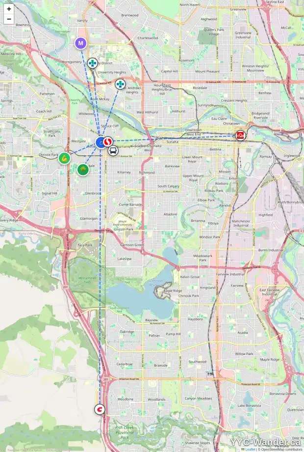 Daily accessibility map for 943 39 ST SW, Calgary showing nearby schools, grocery stores, parks, LRT stations and nearby amenities