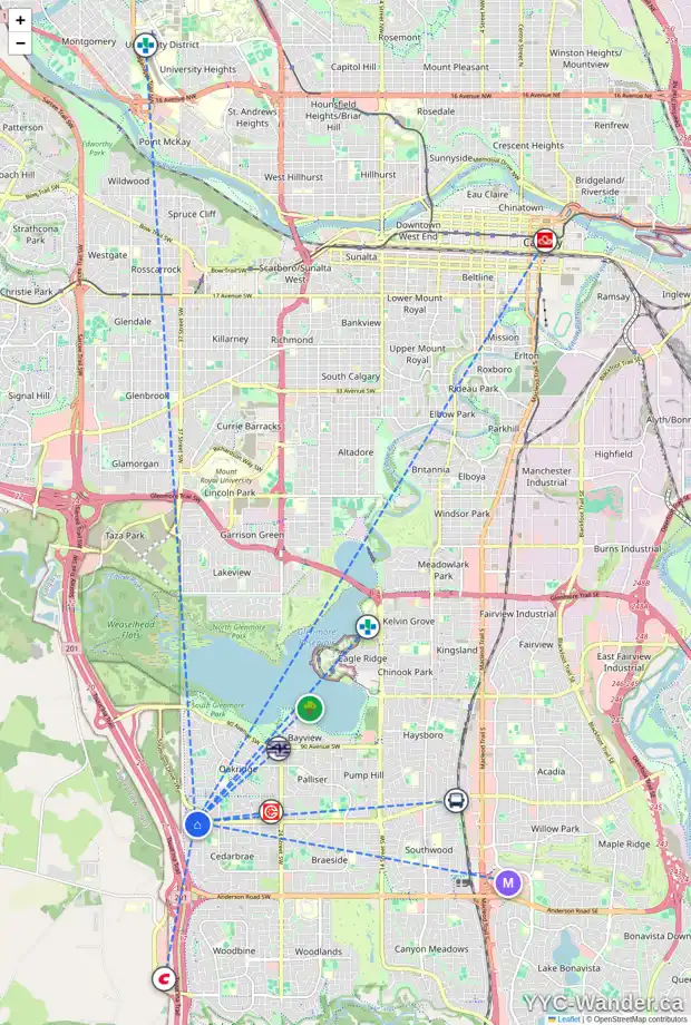 Daily accessibility map for 484 CEDARILLE CR SW, Calgary showing nearby schools, grocery stores, parks, LRT stations and nearby amenities