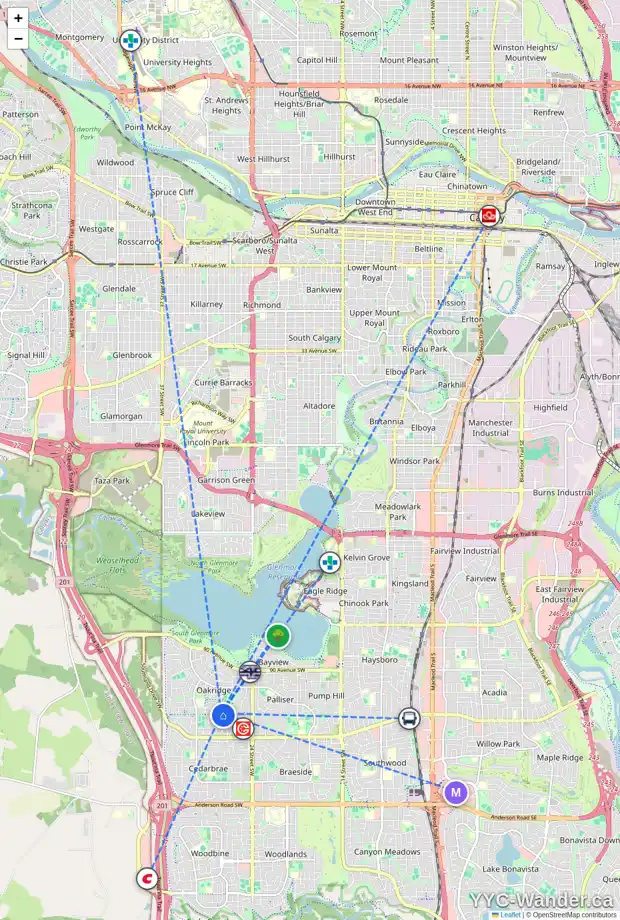 Daily accessibility map for 718 OAKHILL PL SW, Calgary showing nearby schools, grocery stores, parks, LRT stations and nearby amenities
