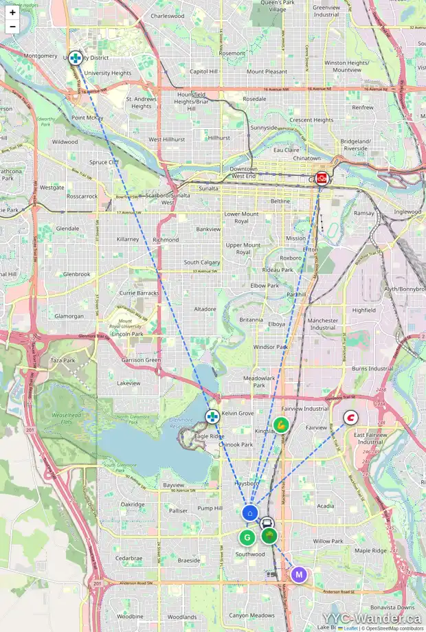 Daily accessibility map for 9736 ELBOW DR SW, Calgary showing nearby schools, grocery stores, parks, LRT stations and nearby amenities