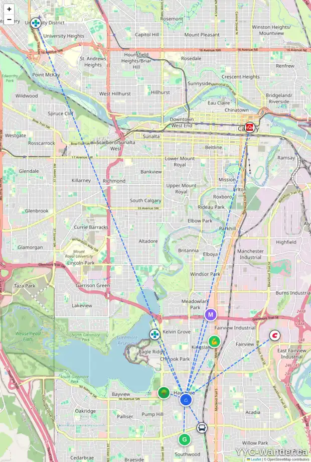 Daily accessibility map for 9231 ELBOW DR SW, Calgary showing nearby schools, grocery stores, parks, LRT stations and nearby amenities