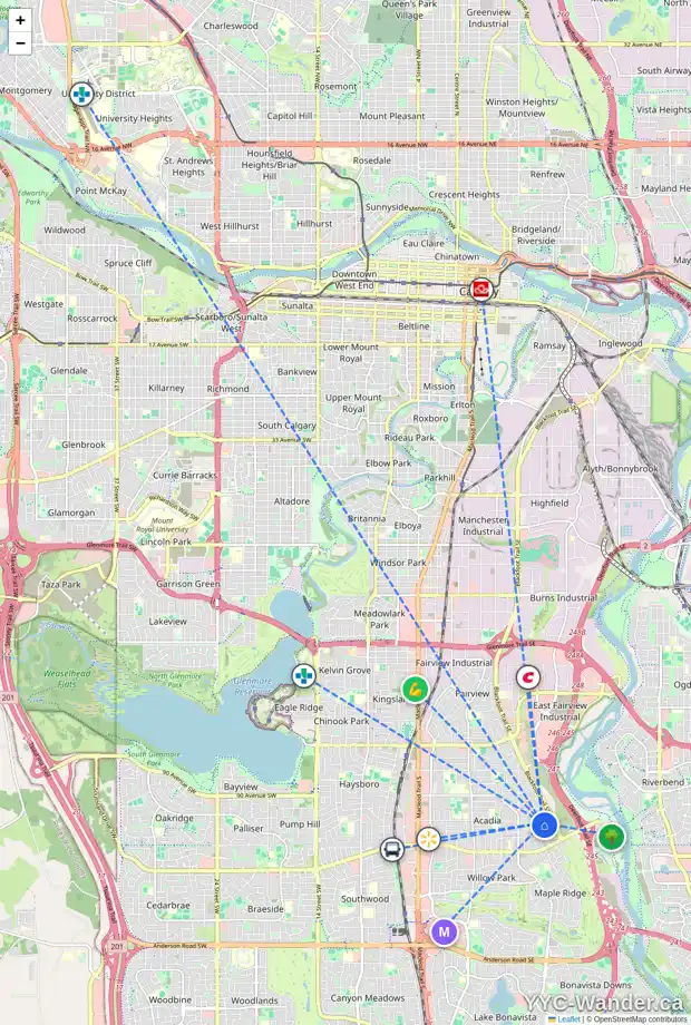 Daily accessibility map for 9511 ACADEMY DR SE, Calgary showing nearby schools, grocery stores, parks, LRT stations and nearby amenities