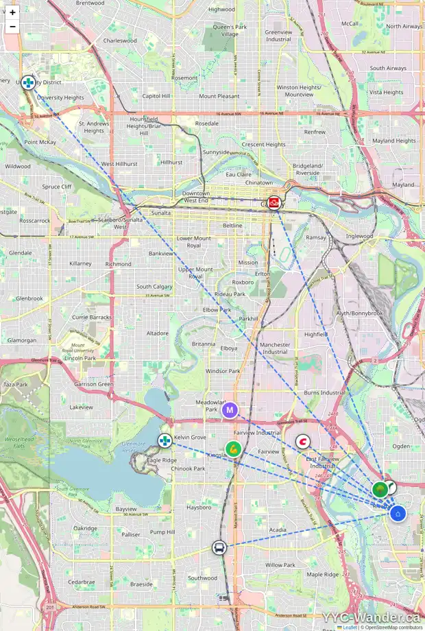 Daily accessibility map for 144 RIVERGLEN PA SE, Calgary showing nearby schools, grocery stores, parks, LRT stations and nearby amenities