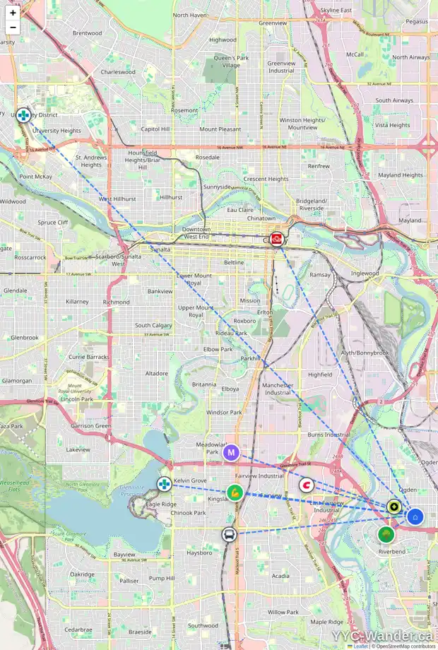 Daily accessibility map for 7820 21A ST SE, Calgary showing nearby schools, grocery stores, parks, LRT stations and nearby amenities