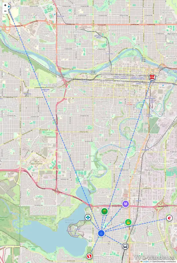 Daily accessibility map for 12 COLLEEN CR SW, Calgary showing nearby schools, grocery stores, parks, LRT stations and nearby amenities