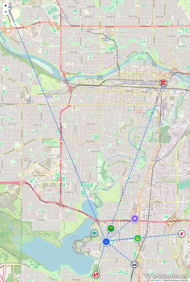 Daily accessibility map for 1328 75 AV SW, Calgary showing nearby schools, grocery stores, parks, LRT stations and nearby amenities