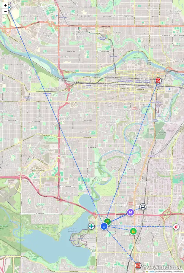 Daily accessibility map for 7224 KANANASKIS DR SW, Calgary showing nearby schools, grocery stores, parks, LRT stations and nearby amenities