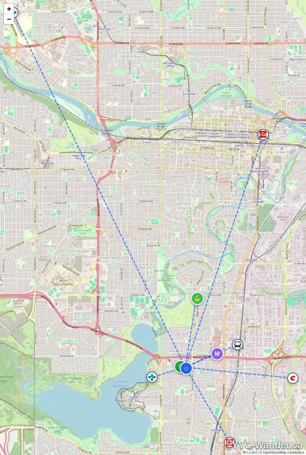 Daily accessibility map for 1111 68 AV SW, Calgary showing nearby schools, grocery stores, parks, LRT stations and nearby amenities