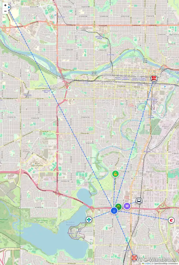 Daily accessibility map for 920 67 AV SW, Calgary showing nearby schools, grocery stores, parks, LRT stations and nearby amenities