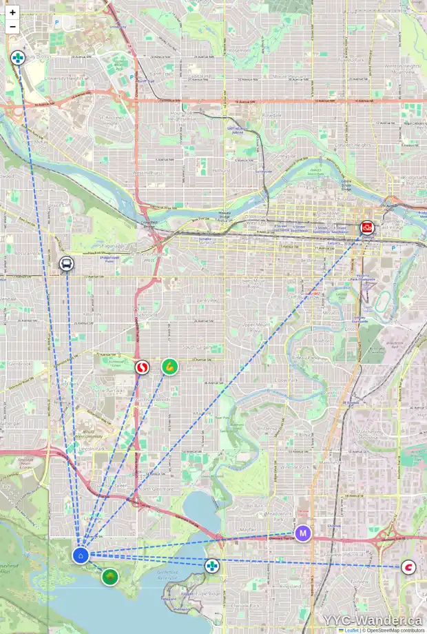 Daily accessibility map for 6842 LIVINGSTONE DR SW, Calgary showing nearby schools, grocery stores, parks, LRT stations and nearby amenities
