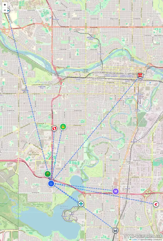 Daily accessibility map for 6204 LACOMBE WY SW, Calgary showing nearby schools, grocery stores, parks, LRT stations and nearby amenities