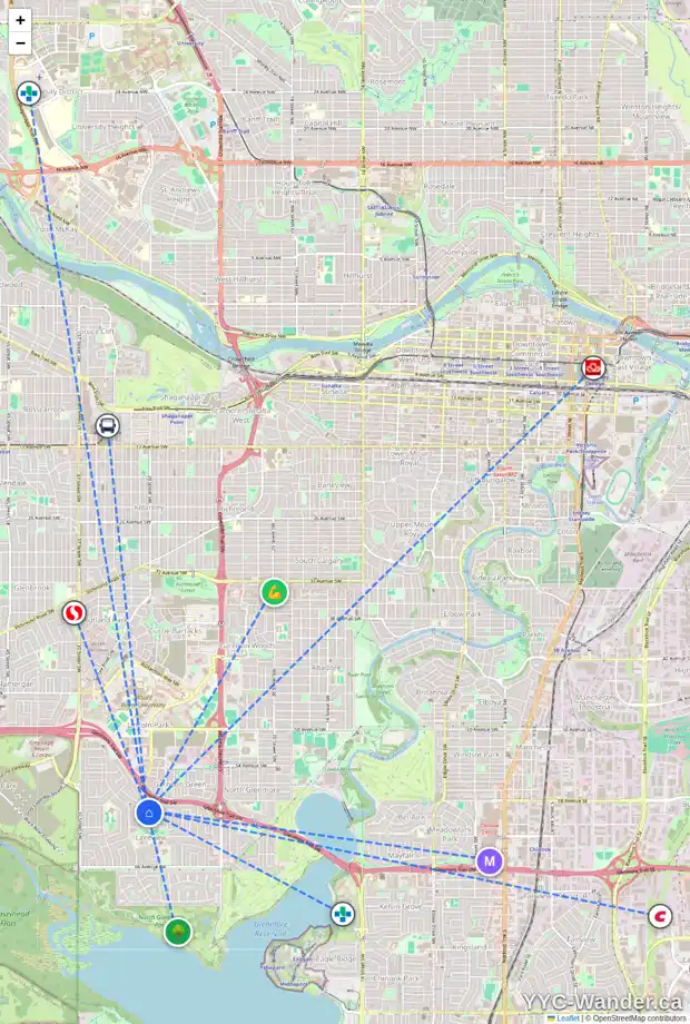 Daily accessibility map for 3420 LANE CR SW, Calgary showing nearby schools, grocery stores, parks, LRT stations and nearby amenities
