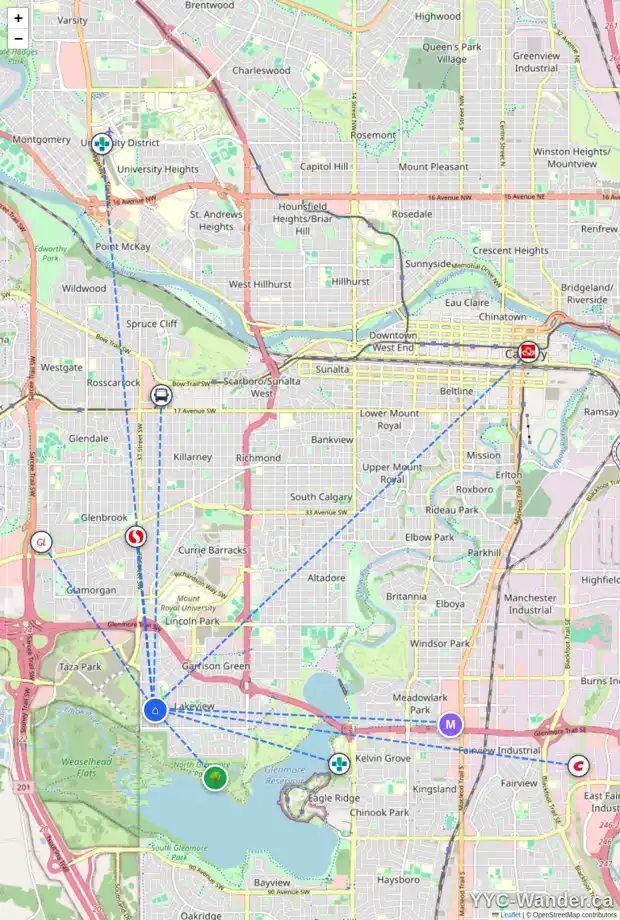 Daily accessibility map for 6244 LONGMOOR WY SW, Calgary showing nearby schools, grocery stores, parks, LRT stations and nearby amenities